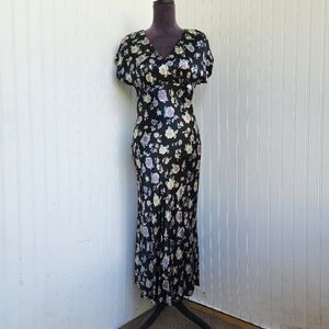 VTG Simply Tops Womens Black Pueple  Floral Satin Midi Dress V-Neck Zip USA Sz 6
